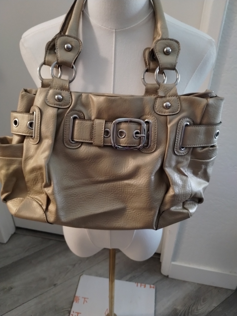 Mondani Metallic Gold Shoulder Bag with Buckle Detail